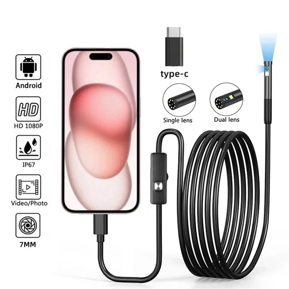 7.0mm IP67 Waterproof Industrial Endoscope Camera TYPE-C Interface LED Light Borescope Inspection Camera For Checking Car Engine