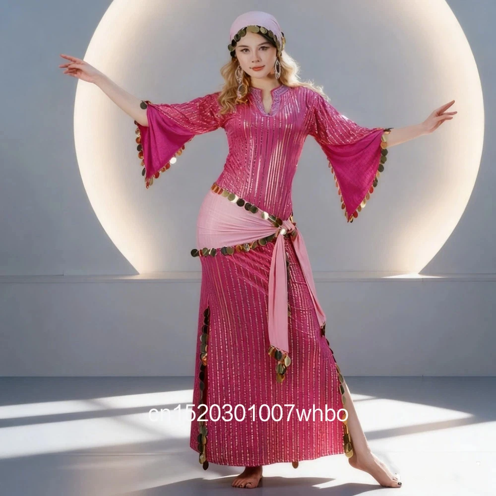 Shaabi Baladi Saidi Dance Robe Belly Dance Performance Clothes Sequined Robe+Headscarf+Hip Scarf Oriental Dance Competition Wear