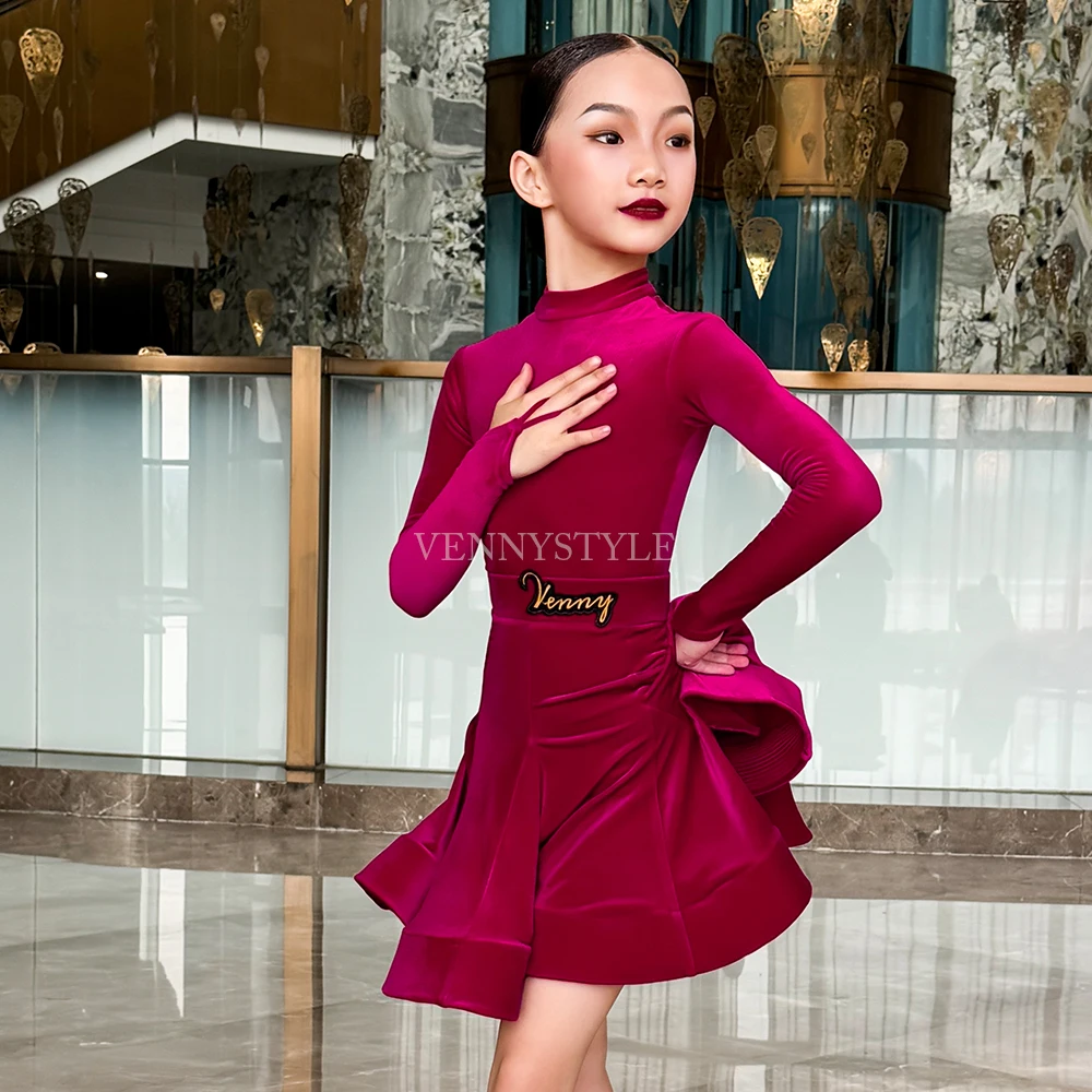 Vennystyle Latin dance competition dress Long sleeve, high neck, middle finger velvet dance dress for girls and children