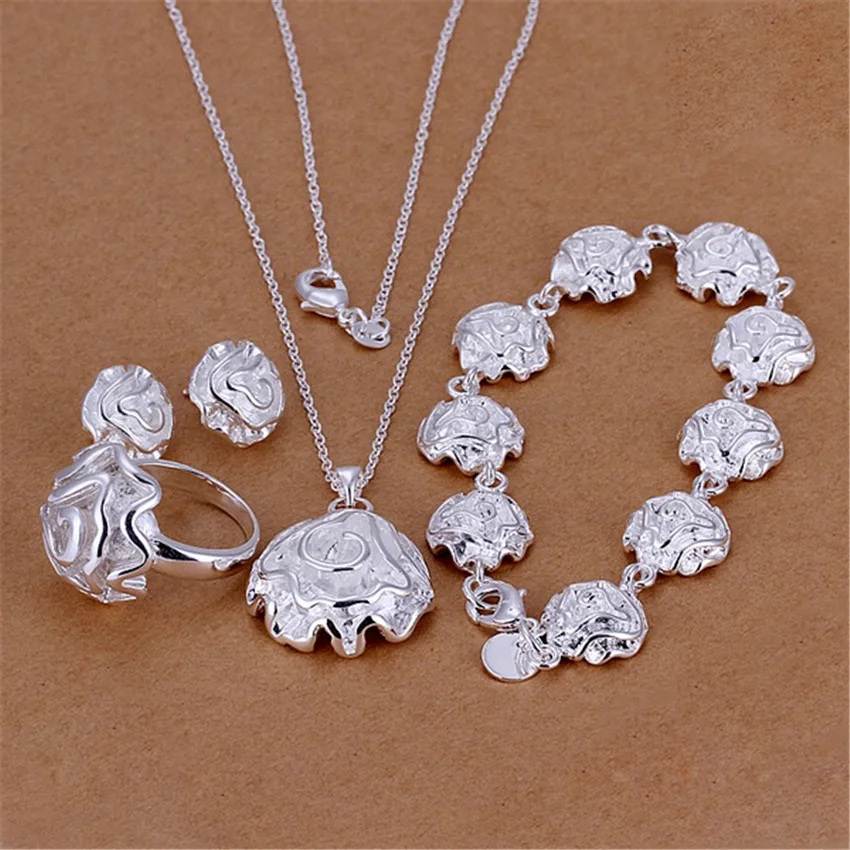 Hot charms 925 sterling Silver Rose flower Pendant necklace rings Bracelet stud earring women Fashion custom Jewelry set gifts