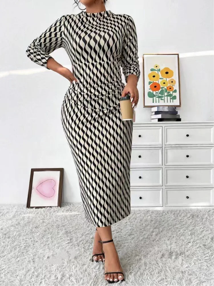 GIBSIE-Robe longue sexy à manches longues et col montant pour femme, tenue élégante de bureau, grande taille, nouvelle collection automne 2024