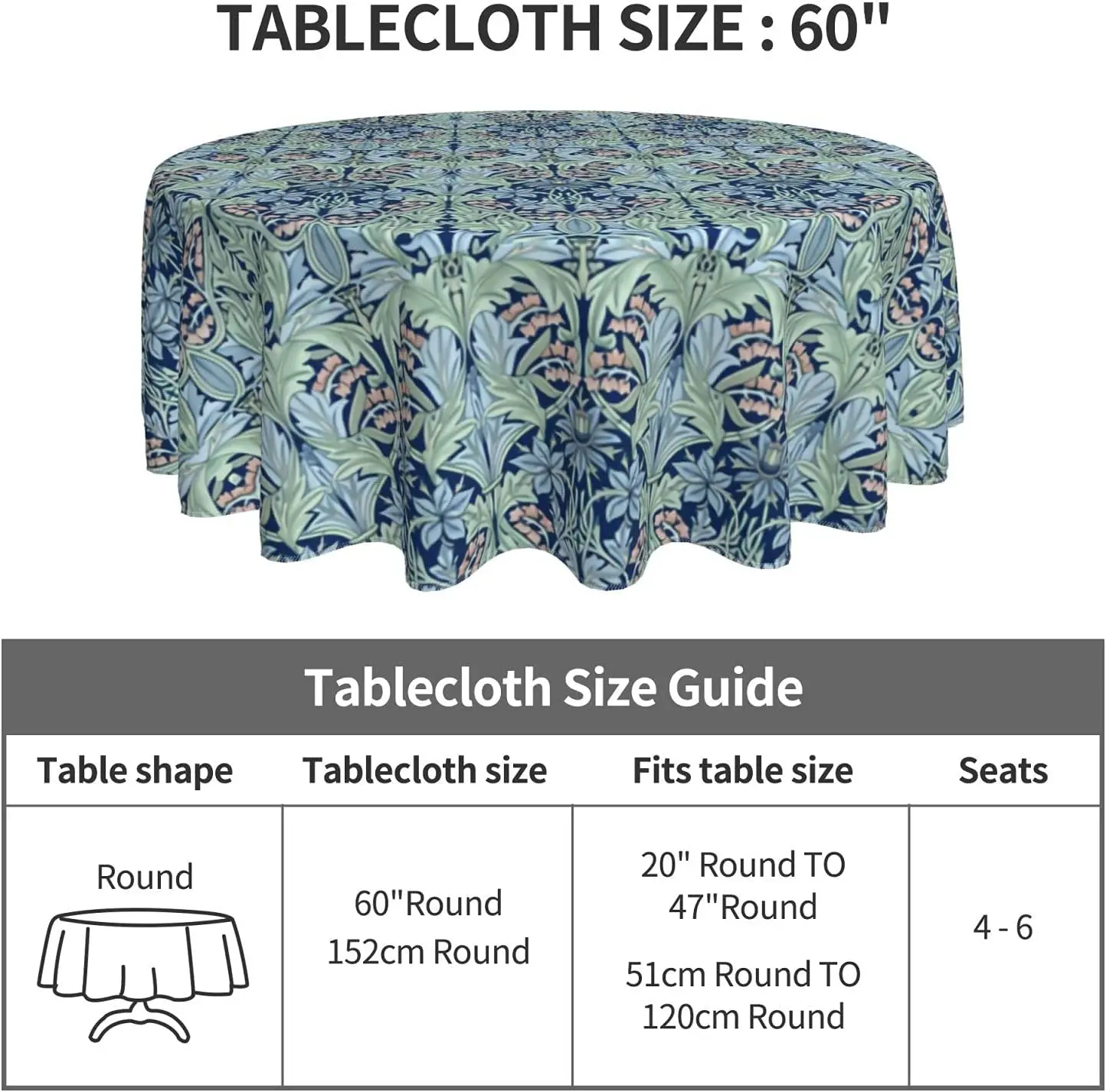 William Morris Bluebell Columbine Round Tablecloth 60 Inch Washable Polyester Tablecloth Water Resistant Spill Proof Table Cover