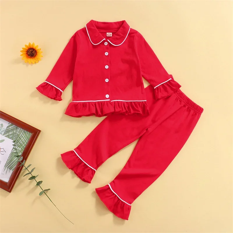 0-7Y Casual Baby Girls Pajamas Sets Long Sleeve Lapel Ruffle Hem Shorts Pants Kids Sleepwear Nightwear Homewear