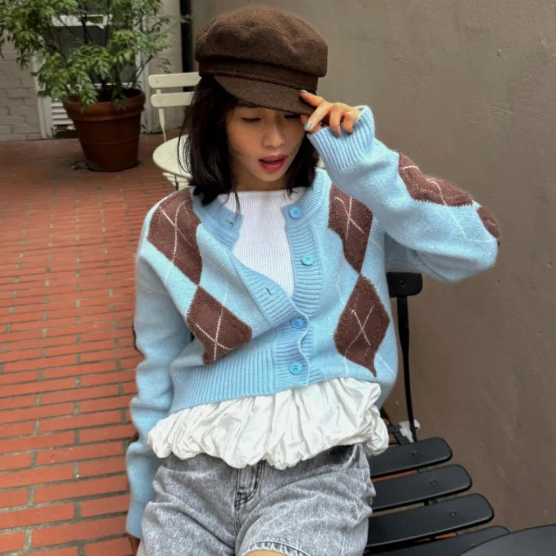سترة نسائية من Hit Color Argyle 2025 برقبة دائرية ملابس خارجية غير رسمية بأكمام طويلة سترة منسوجة واحدة الصدر من Ropa Mujer