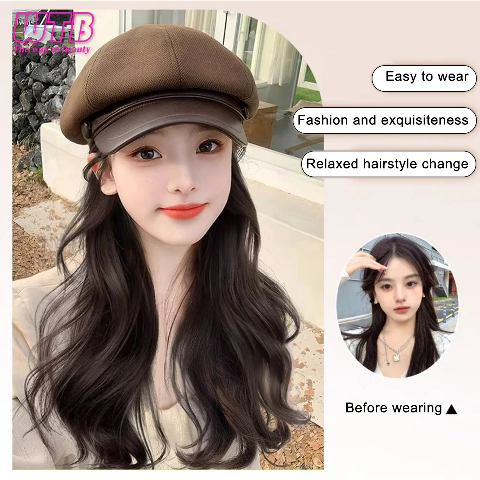 Synthetic Autumn and Winter Hat Wig Female Octagonal Newsboy Hat Long Curly Wig Winter Beret Wig Suitable for Daily Wear