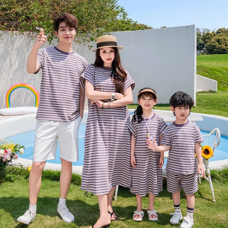 Summer Family Matching Outfits Purple Striped T-Shirts & Maxi Dresses Casual Loungewear Set for Mom Dad Kids Vacation Photoshoot