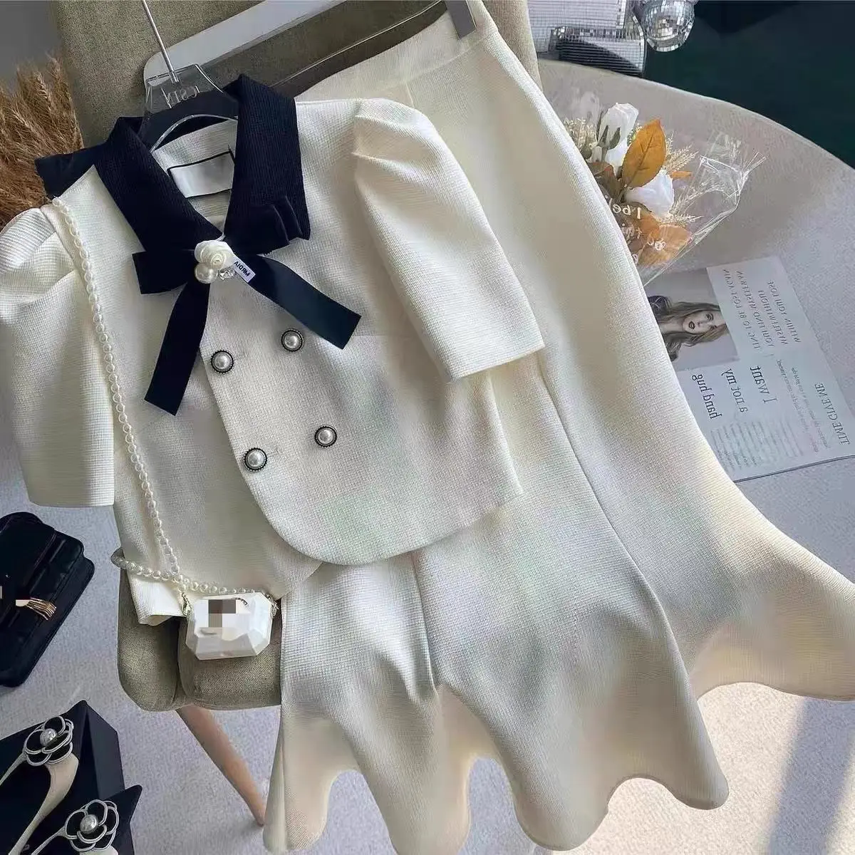 Chic Style Suit for Women, 2024 Spring and Summer New French High-End Bow Short Jacket with Fish Tail Skirt Two-Piece Set Hot