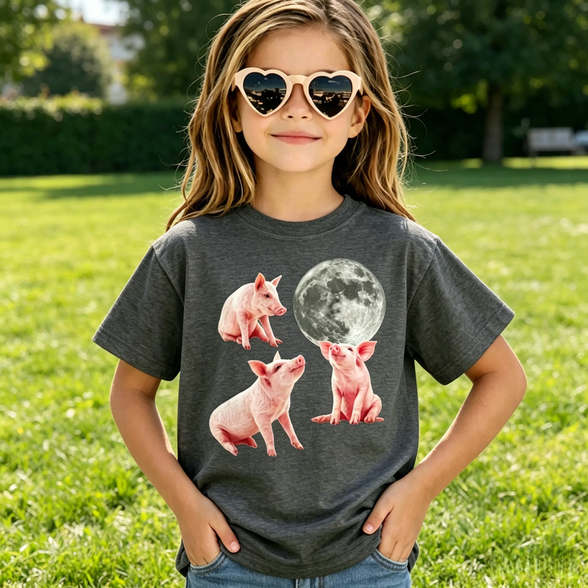 Kids Three Little Pigs Moon Print Short Sleeve T-Shirt Beach Vacation Casual Daily Party Wear Breathable Cotton Machine Washable