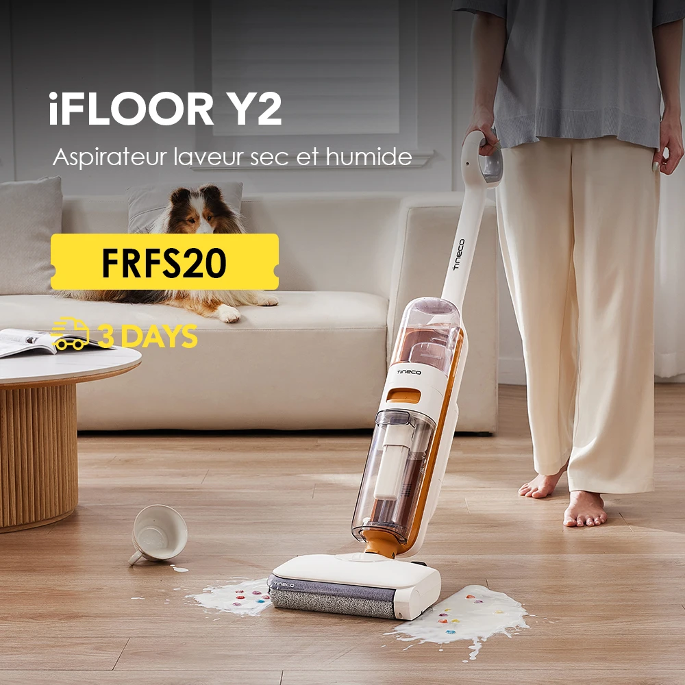Tineco Laveur de sol sans fil Ifloor Y2, Aspirateur laveur sec et humide, Auto-nettoyage, Anti emmêlement, Réservoir d'eau de grande capacité, Anti nœuds