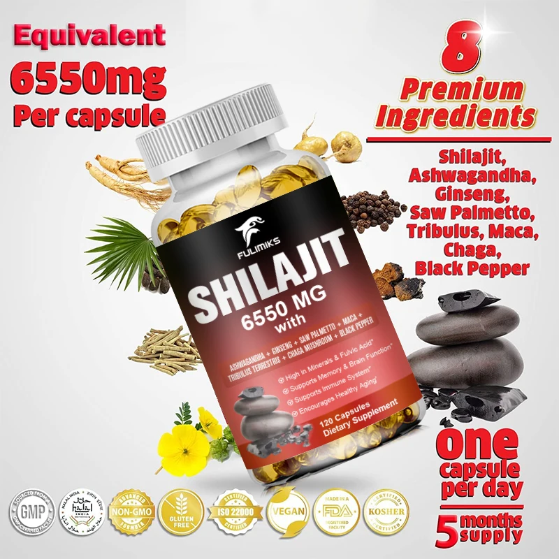 Shilajit himalajan kapsułki-6550mg-w połączeniu Ashwagandha, żeń-szeń, Saw Palmetto, Maca, Tribulus, Chaga, czarny pieprz