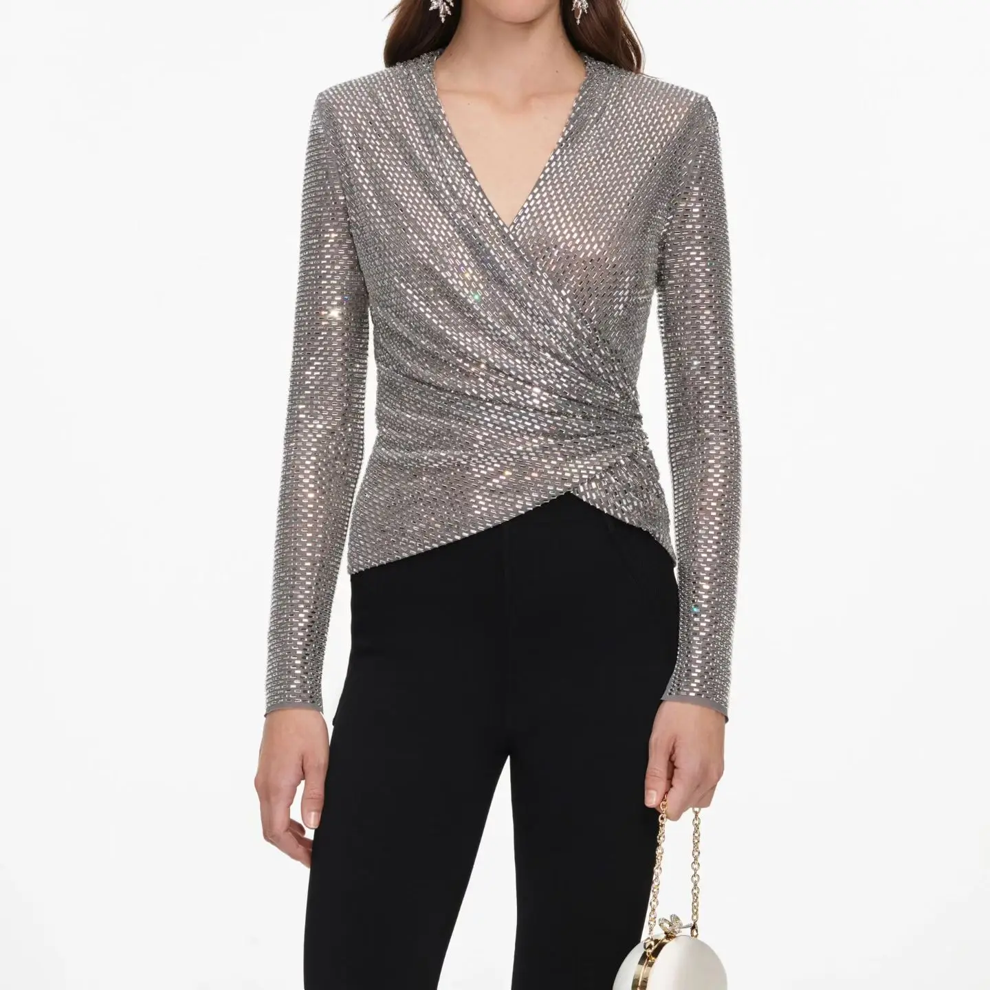 Women Silver Sequin Wrap V Neck Long Sleeve Top Ruched Waist Slim Fitted Sparkly Mesh Blouse Evening Party Shirt