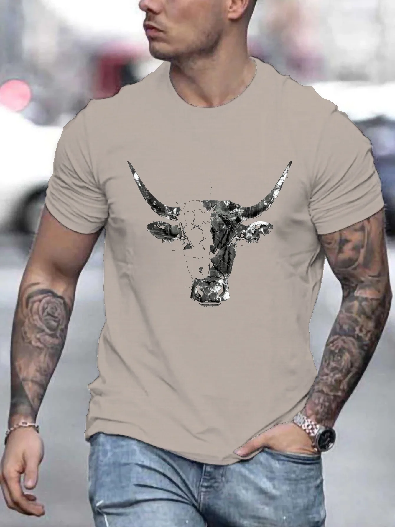 Plus Size Men's Bull Graphic Print T-shirt, Casual Short Sleeve Crew Neck Tee for Outdoor, Men's Clothing