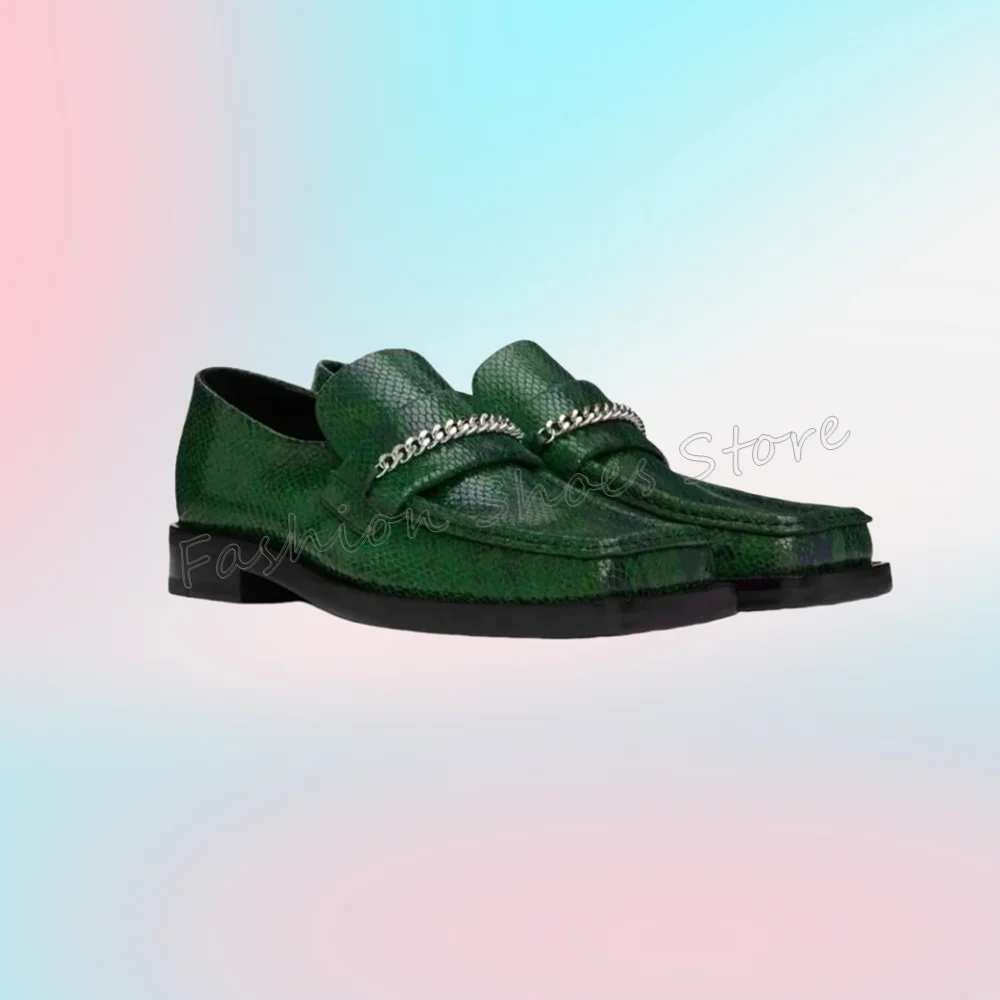 Green Snakeskin Metal Chaon Loafers Men's Patent Leather Designer Dress Shoes Shallow Runway  Party Business Shoes Spring Autumn