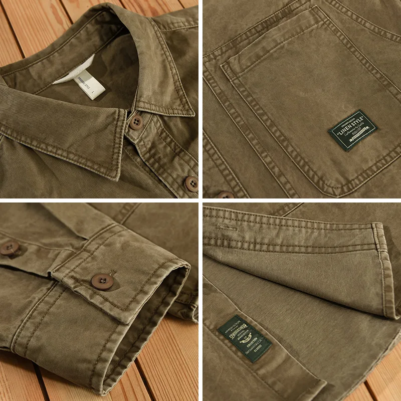 Spring New Cargo Casual Shirt for Men 100% Cotton Big Pockets Four Seasons Loose Men Clothing AZ760