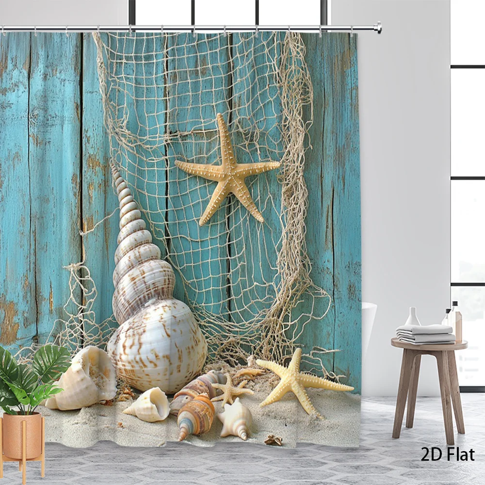 nautical beach shower curtain with fishing net seashells and starfish on blue wood for coastal Enhance spatial aesthetics12hooks