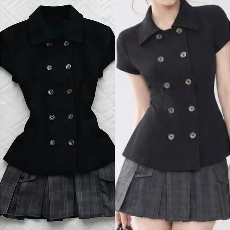 Damen-Bluse mit Reverskragen, kurzen Ärmeln, doppelreihigen Knöpfen, schmaler Taille, Peplum-Saum, einfarbig, für den täglichen Alltag, Oberbekleidung.
