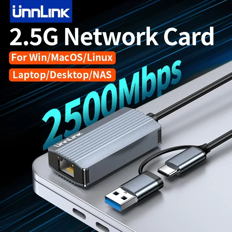 

Unnlink 2.5G Ethernet Adapter 2500Mbps USB 3.0 & Type C to Rj45 Network Card for Laptop PC NAS Server Windows Mac OS Internet
