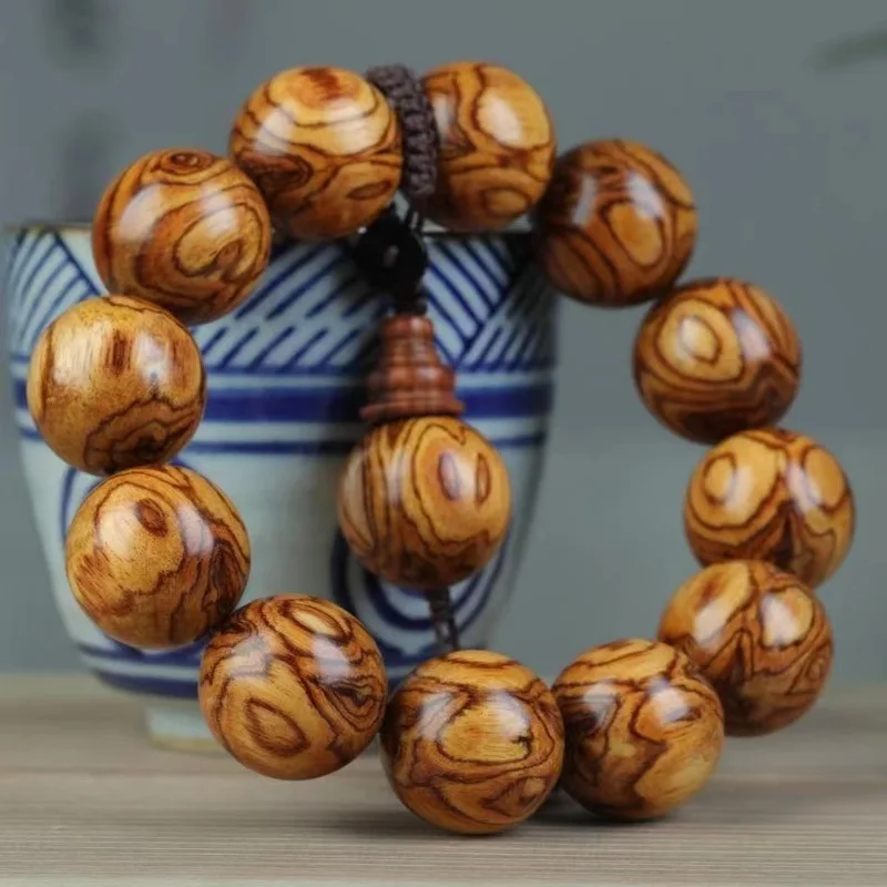 Hainan bracelet with Buddhist beads 2.0, double-eye , ghost face, yellow rosewood landscape pattern, carved from