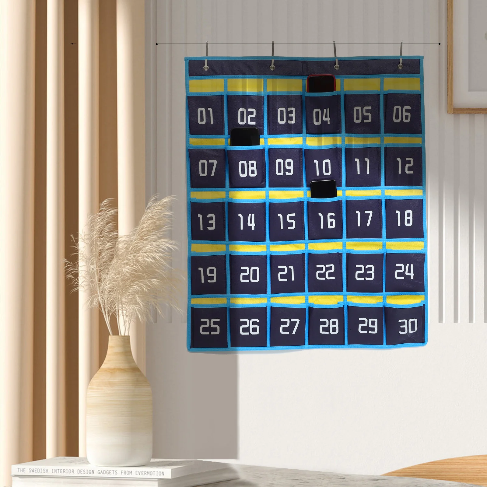 Blue and Yellow Classic Model 30 Grids + 4 Hooks Calculator Holder Classroom Phone Hanging Pocket Chart for Wall Jewelry Tray