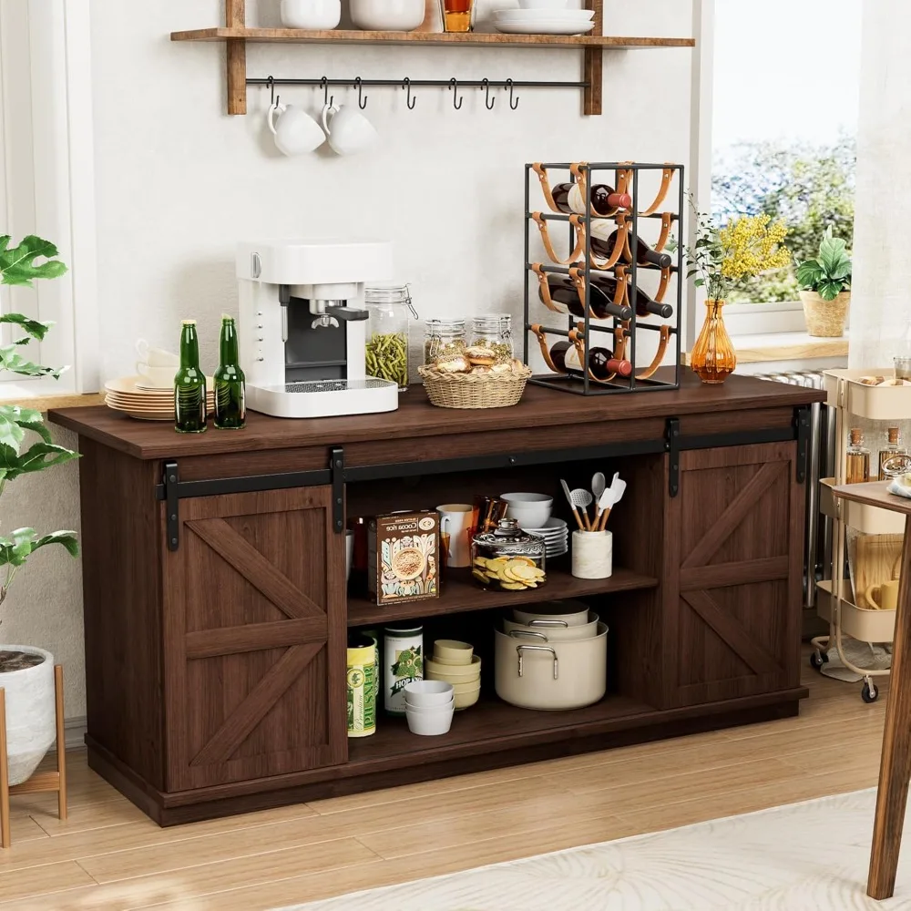 

Farmhouse Sideboard Buffet Cabinet, Coffee Bar Storage with Sliding Barn Doors, Shelf for Home Dining Room