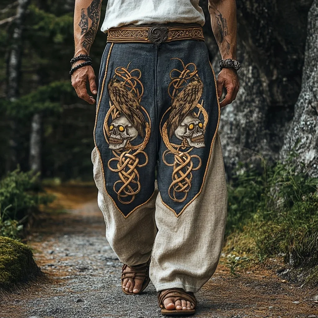 

Men's retro Viking Celtic skeleton 3D printed casual pants drawstring straight leg pants summer beach pants