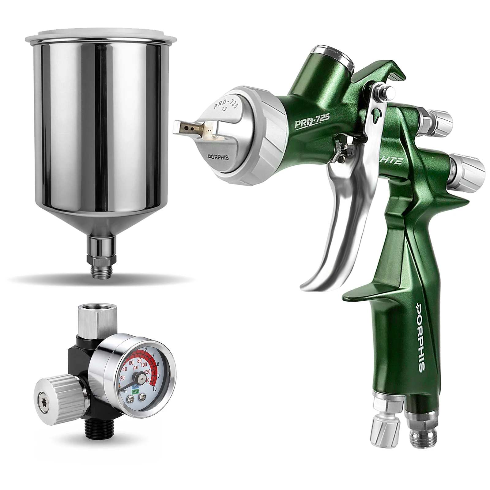 PORPHIS PRD-725 Spray Gun with Air Pressure Gauge Quick Release Trigger Automotive Paint Gun for Basecoat Clearcoat Refinish