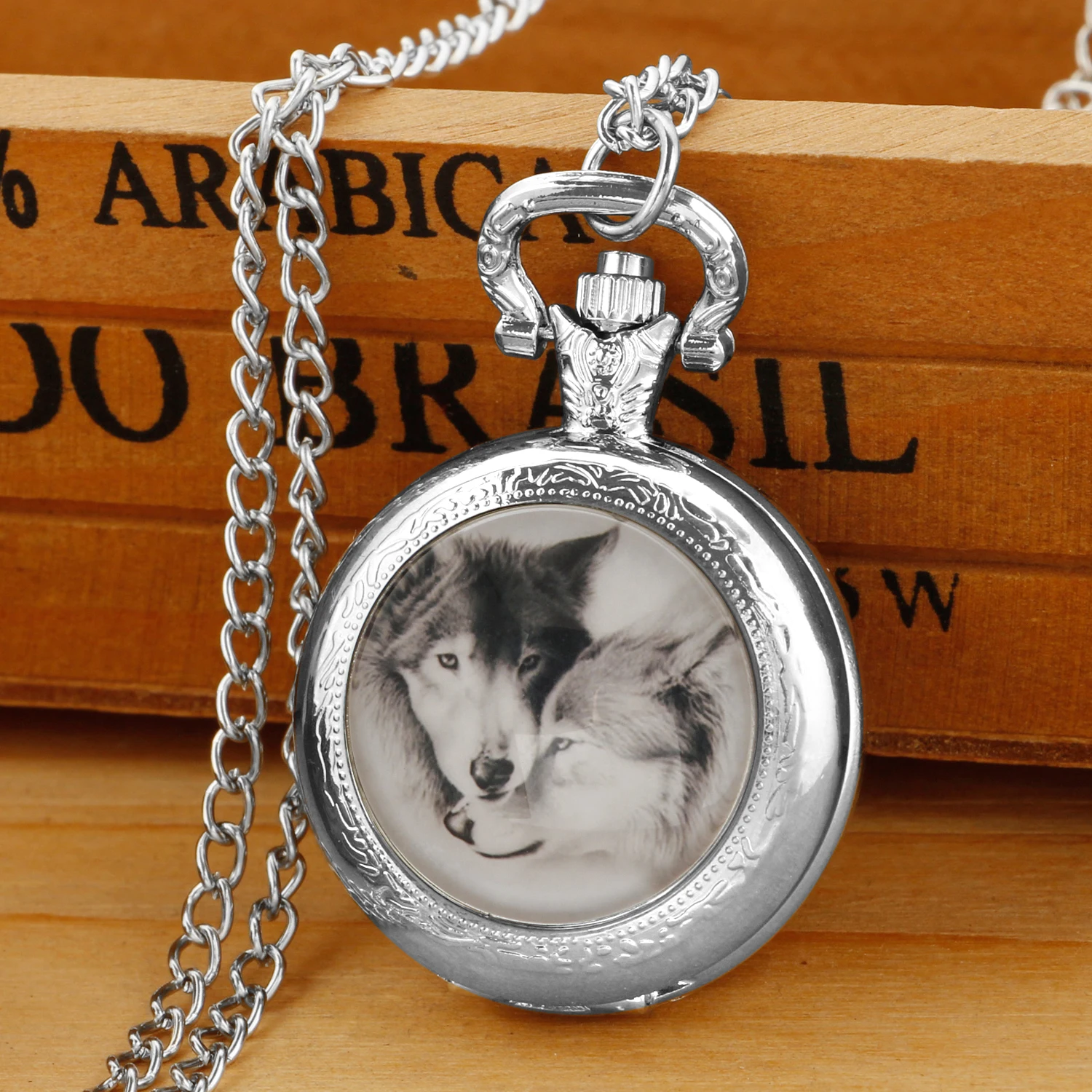 شخصية الموضة الفضة الفولاذ المقاوم للصدأ كول الذئب زجاج قبة ساعة جيب كوارتز قلادة النساء الرجال طفل دلاية مجوهرات هدية