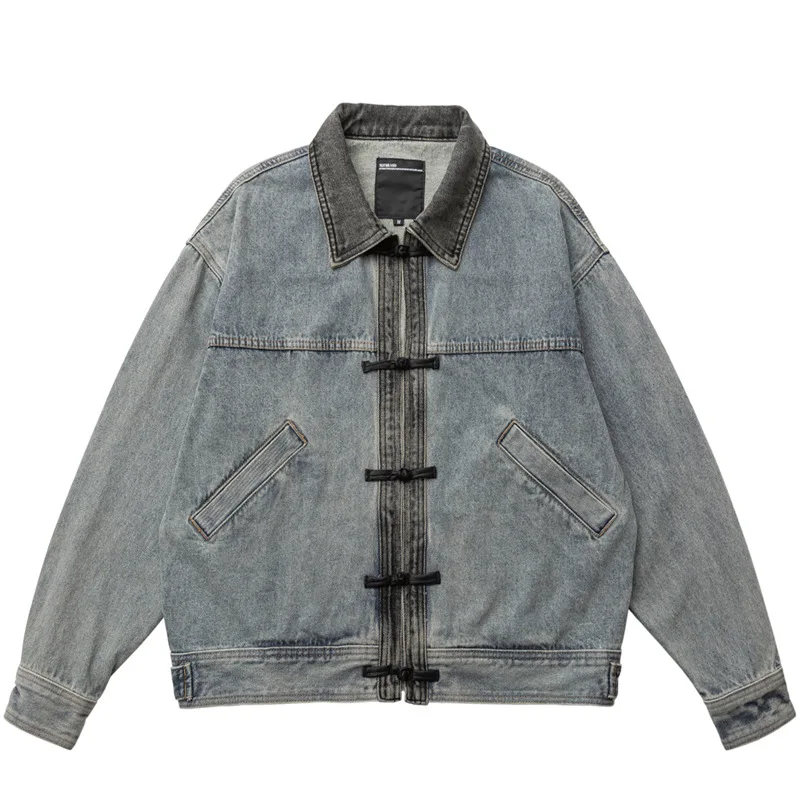Akkad Kuti New Chinese Style Frog Button Denim Jacket Japanese Retro Ethnic Washed Unisex Loose Short Workwear Coat