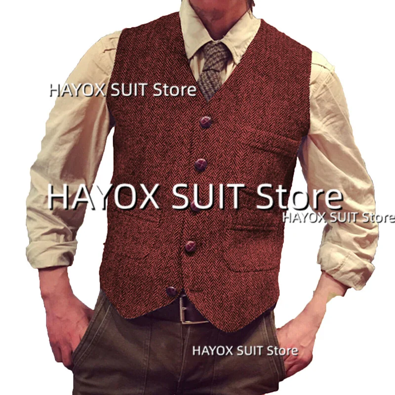 

Men's Suit Vest V-Neck Single Breasted Pocket Herringbone Wool Chalecos Prom Groom Groomsmen Wedding Waistcoat