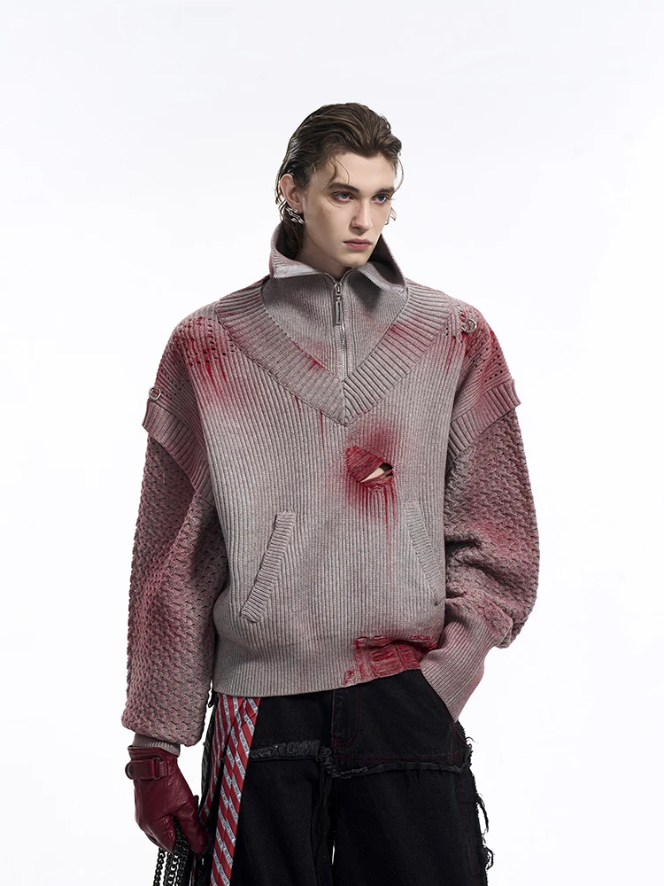 

Vintage Spray Painted Faux Two-Piece Men's Knitted Sweater Jaet Autumn Winter Thiened Casual Sle V-Ne Warmth Protection