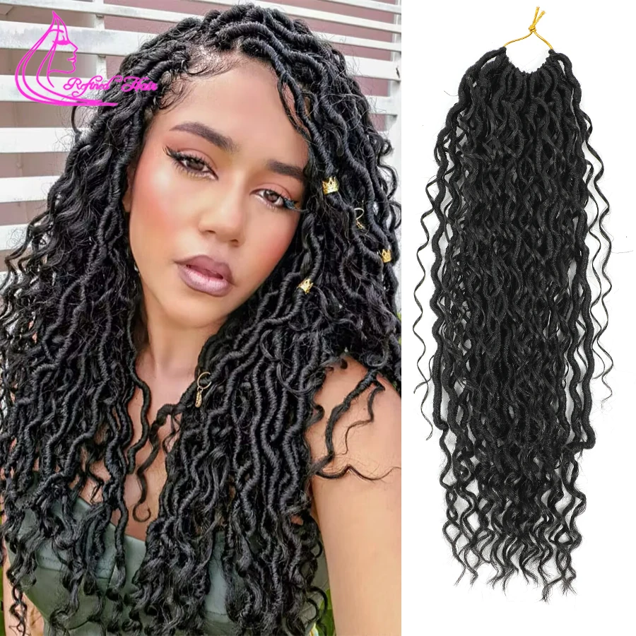 Boho River Locs Crochet Hair Pre Looped Curly Faux Locs Goddess Braids with Curly Hippie Locs For Black Woman Girls Ombre Brown