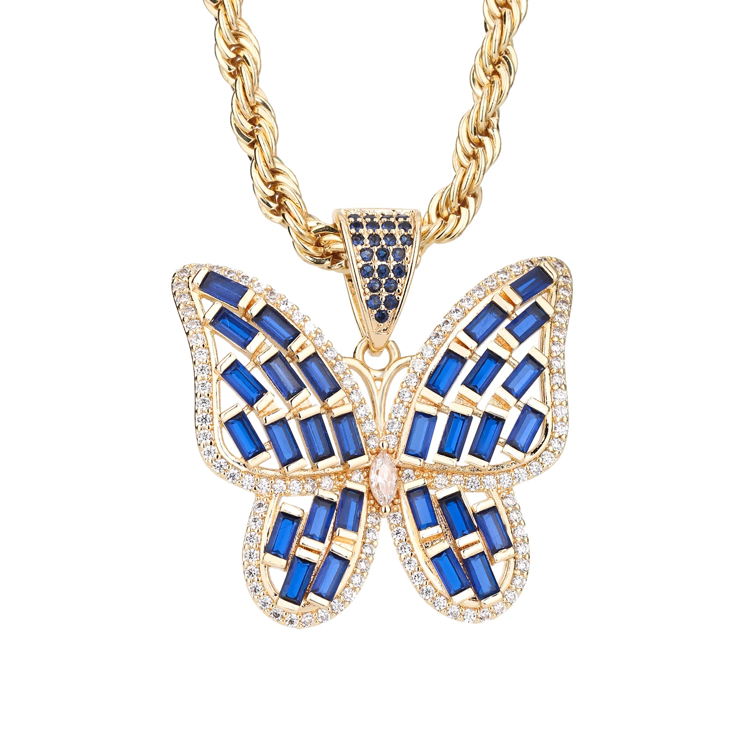 Butterfly Necklace Full of Diamonds Hip Hop Pendant with European and American Trends Micro Inlaid Zircon Color Blue Butterfly