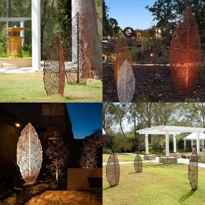 Decorative Rusted Lightweight Hollow Leaf Sculpture Weathered Steel Statue