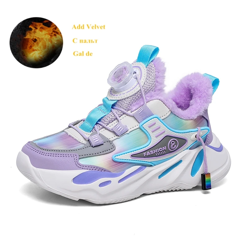 

Winter Plus Velvet Casual Sneakers Girls Fashion Purple Warm Fur Kids Trainers Knob Comfortable Platform Children's Sports Shoes