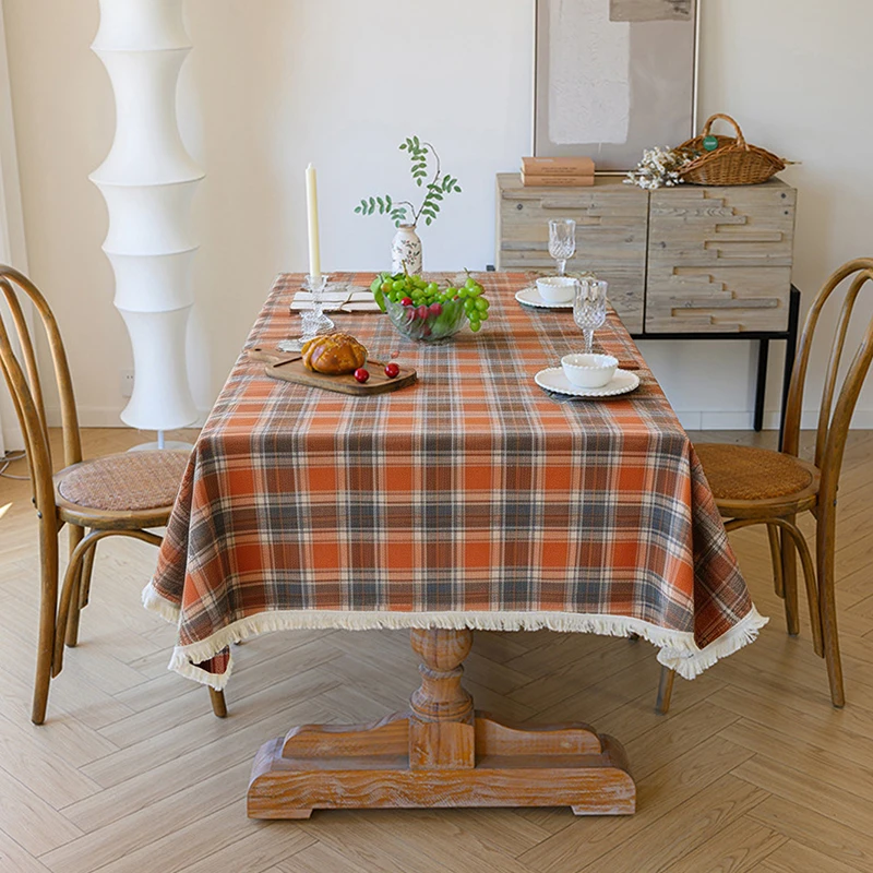 1 Stück Retro-Tischdecke mit rotem, braunem Gittermuster und Fransen, Tischdecke, für Zuhause, Restaurant, westliches Essen, Homestay, Café-Dekoration
