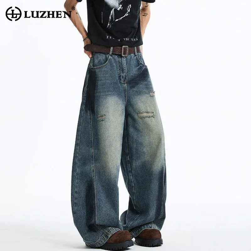 

LUZHEN свободные прямые джинсовые брюки с заплатками и сломанными дырками, мужские брюки, новинка 2025, модные оригинальные потертые женские джинсы JY4763