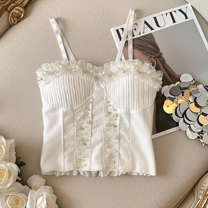 

Модный кружевной укороченный топ для женщин, летний, облегающий, с бисером и стразами, роскошный, шикарный, с пэчворком, эластичный, для создания эффектного образа