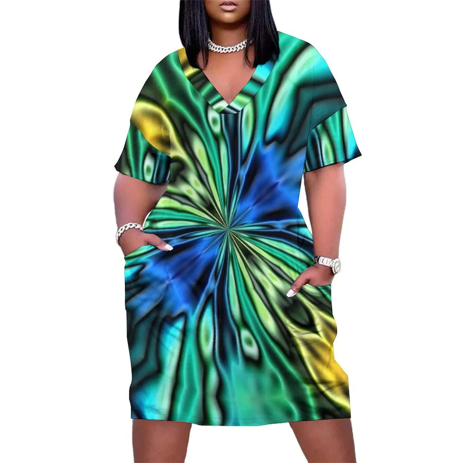 Yellow Blue Green and Black Abstract Loose Pocket Dress elegant guest wedding dress Summer skirt women