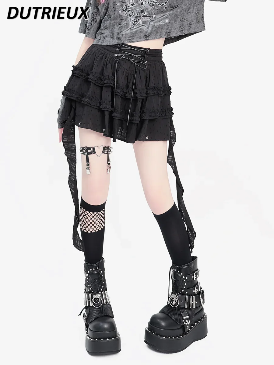 

Black High Waist Knotted Short Skirt Summer New Sweet Cute Girl Tassel Pettiskirt Ruffled New All-matching Skirts for Women