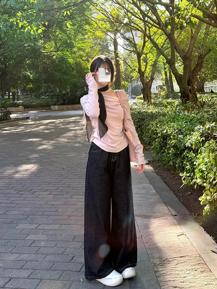 Retro-Tiefblaue Damenjeans mit hoher Taille, lockere Hose mit weitem Bein, Frühlingsdesign, schlankmachende, drapierte, bodenlange Hose