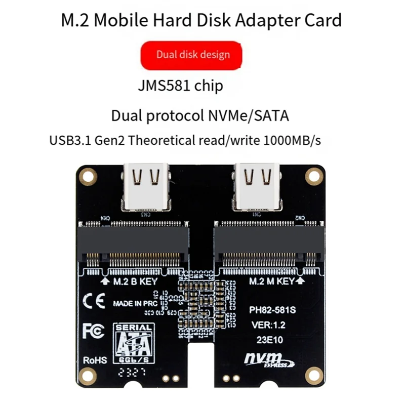 M.2 NVMe SATA SSD Enclosure Adapter Card 4TB JMS581 Type-C USB3.1 Gen2 10Gbps HDD Enclosure Expansion Adapter Card