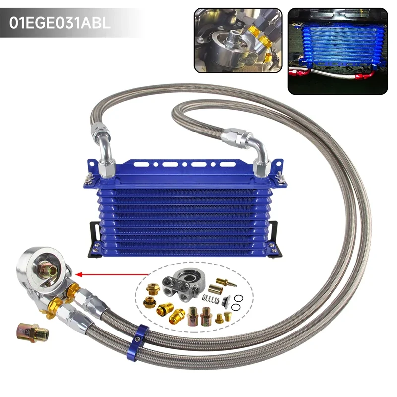 10 Row Engine Trust Oil Cooler w/ Thermostat 80 Deg Oil Filter Adapter Kit Blue/ Black