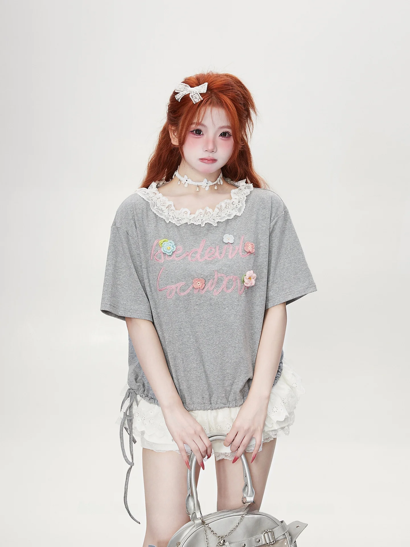 Summer 2026 Women's Lace Splice Letter Embroidery Short Sleeve T-Shirt Casual Loose Fit Waist-Cinching Comfortable Cotton Top