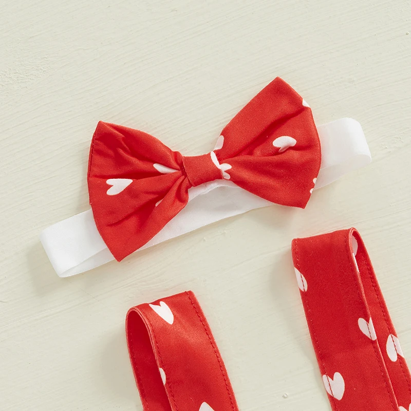 Vestido infantil feminino com suspensório de dia dos namorados, estampa de coração, sem mangas, linha A, com faixa de cabeça com laço