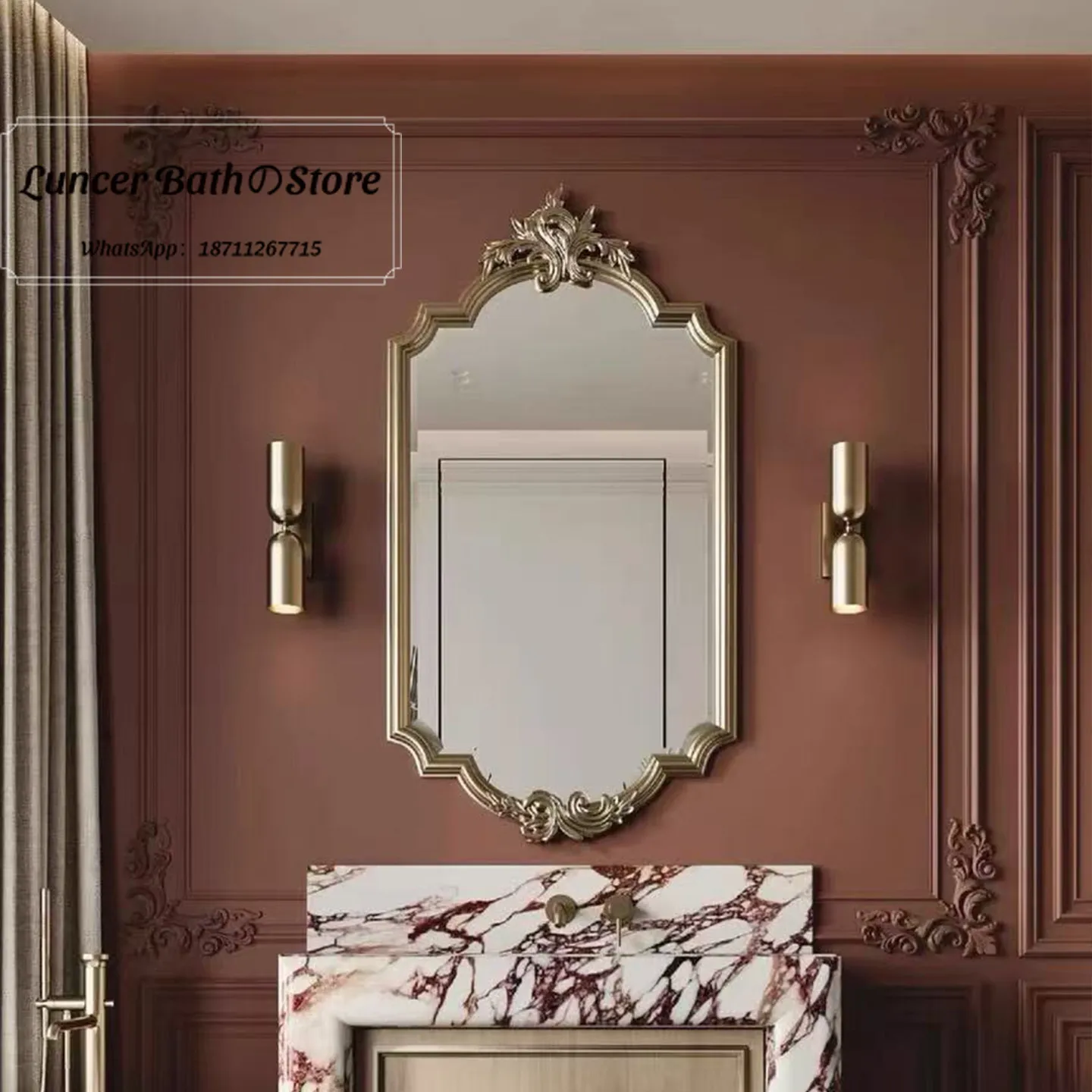 Französischer Vintage Goldgeschnitzter Badezimmerspiegel, Beschlagfreier Wandspiegel, Beleuchteter Schminkspiegel für Waschbecken und Toilette