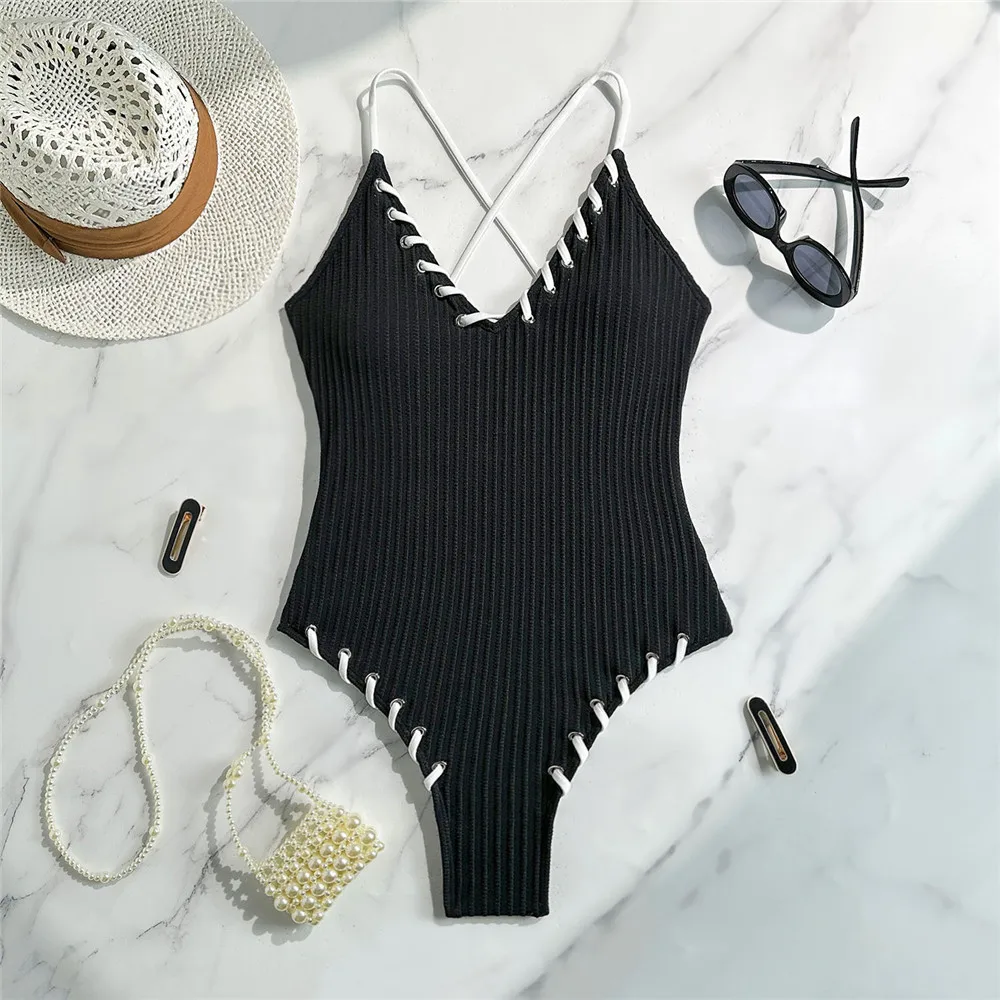 Black Ribbed String Weave Sexy Swimsuit Women One Piece Swimwear 2025 Plunging Bodysuit Back Lace-up Bathing Suit Swimming Wear