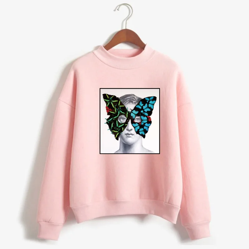 

The statue of david michelangelo with butterfly Print Women Sweatshirt O-neck Knitted Pullover Thick Candy Color Lady Clothing