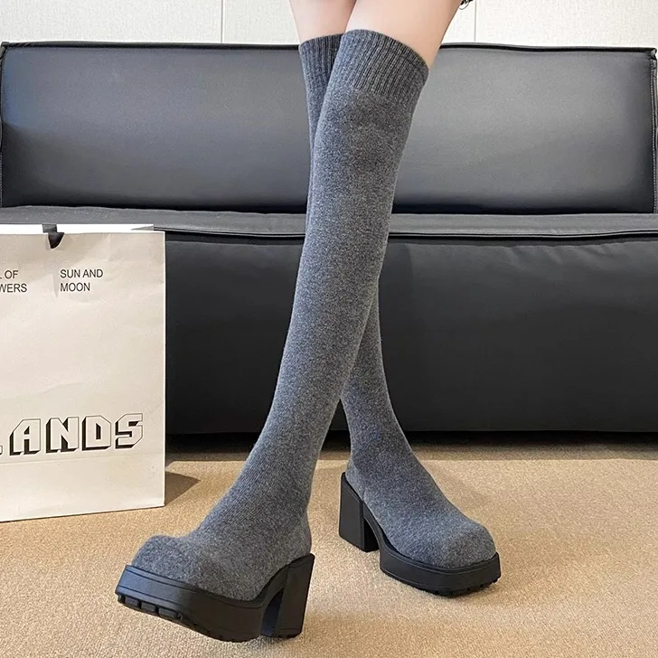 Brand Women\'s Shoes Autumn Boots Boots-Women Sexy Thigh High Heels High Sexy Fashion 2024 Stockings Over-the-Knee Ladies