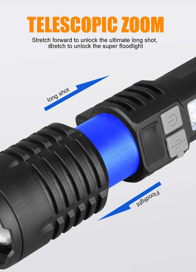 High Power LED Flashlight With Built-in Battery USB Rechargeable Tactical Light With High Brightness Side Light Camping Lantern