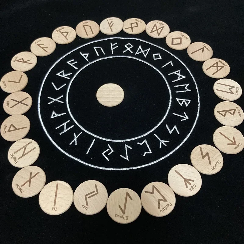 25pcs/set handmade wood Viking runes symbols beads Gypsy rune Divination sign wizard ritual Props with cloth bag